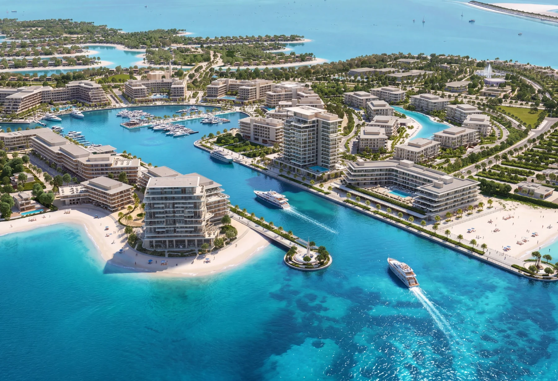 Aerial artist impression of Ramhan Island marina with waterfront residences and beaches