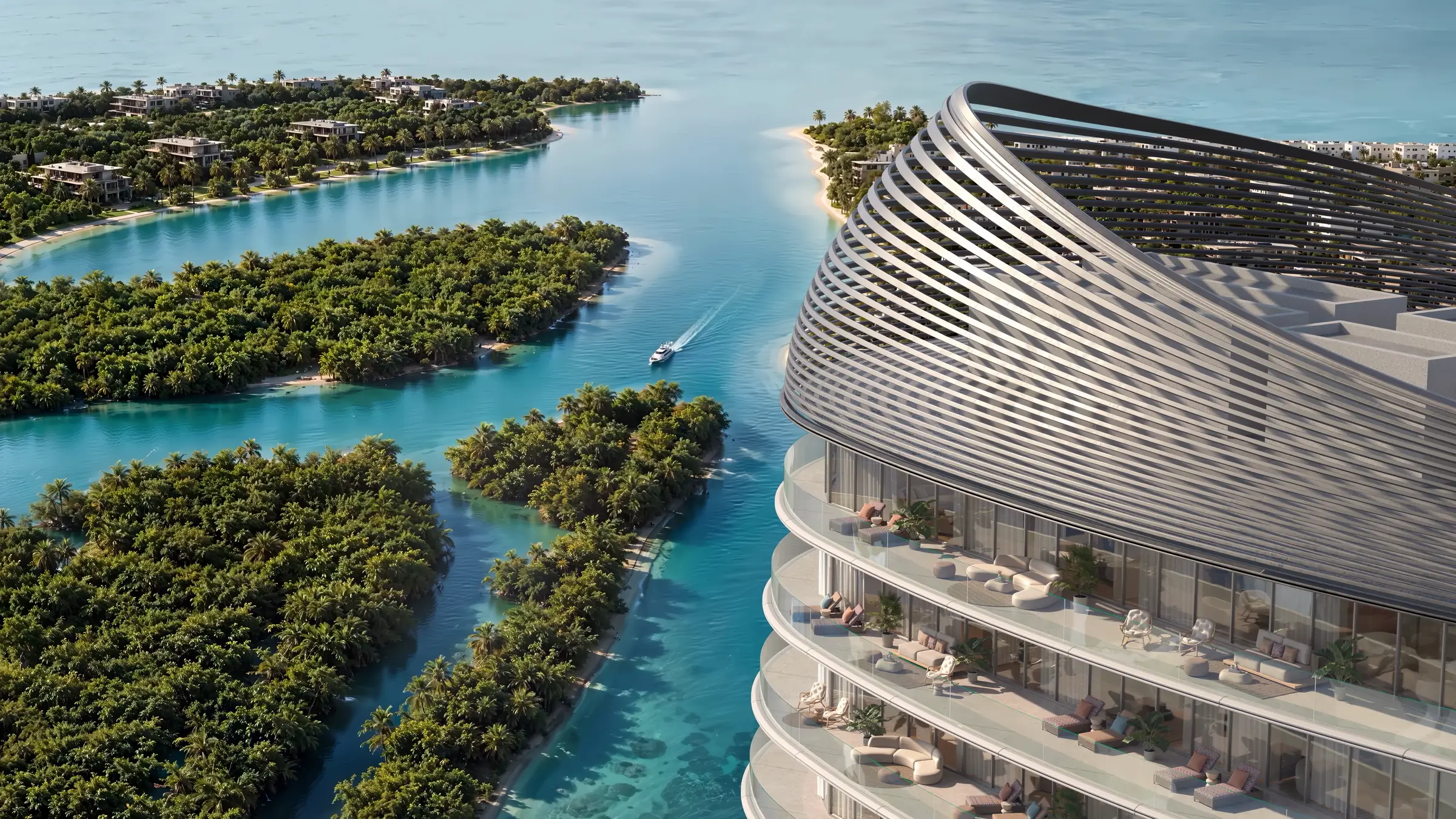 Artist impression of the upper floors of Waterfront by Missoni overlooking the waterways and mangroves on Al Reem Island, Abu Dhabi