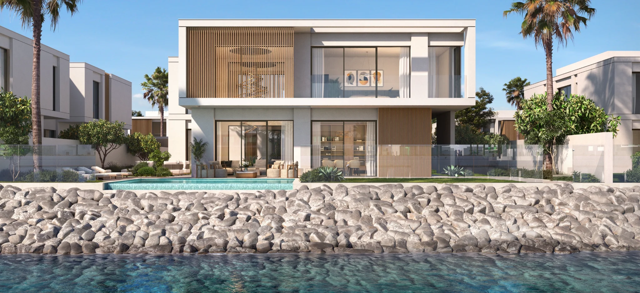 Waterfront villa at Yas Riva Reserve by Aldar, with a private pool and contemporary architecture